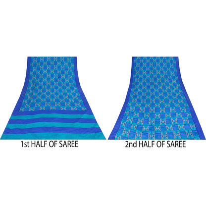 Sanskriti Vintage Sarees Blue 100% Pure Crepe Geometric Print 5+YD Textile Sari