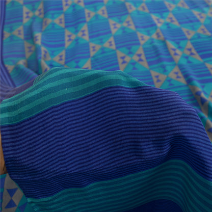 Sanskriti Vintage Sarees Blue 100% Pure Crepe Geometric Print 5+YD Textile Sari