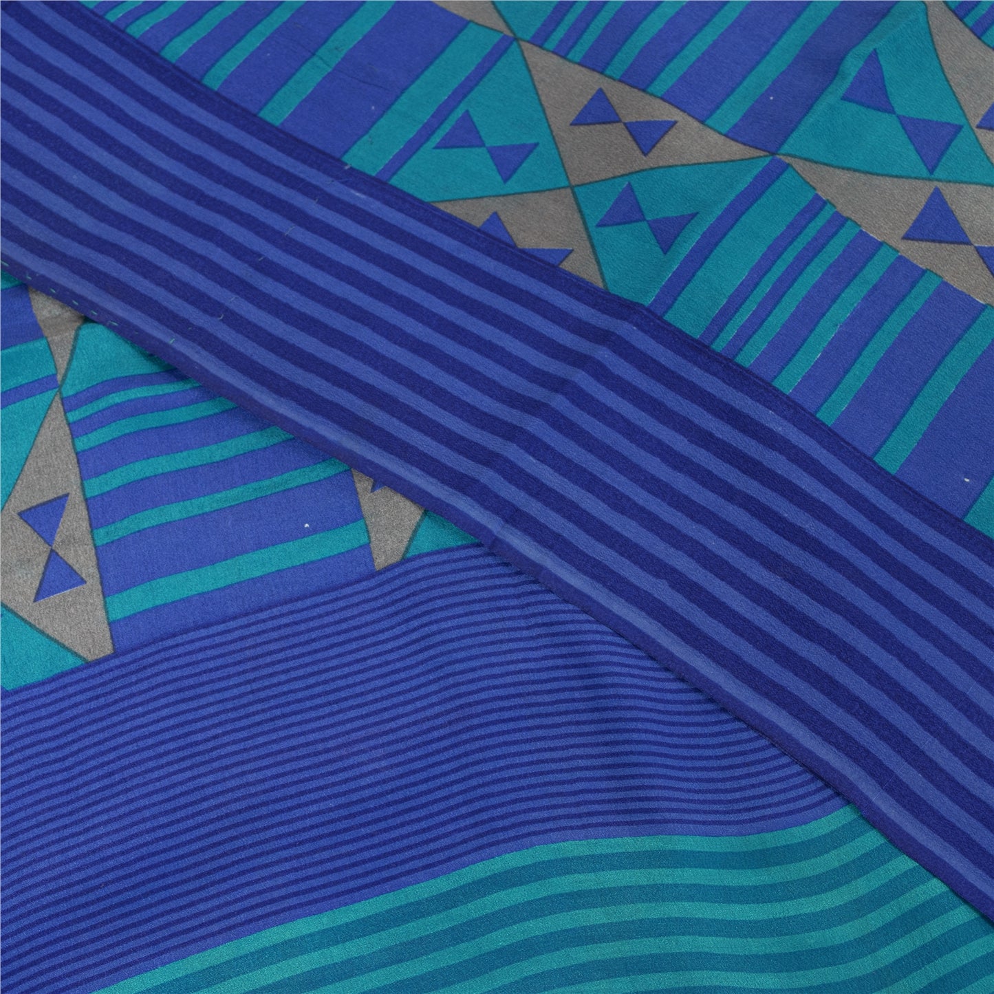 Sanskriti Vintage Sarees Blue 100% Pure Crepe Geometric Print 5+YD Textile Sari