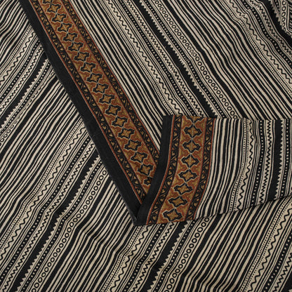 Sanskriti Vintage Saree Black Pure Crepe Abstract Printed Sari 5.5+Yard Fabric