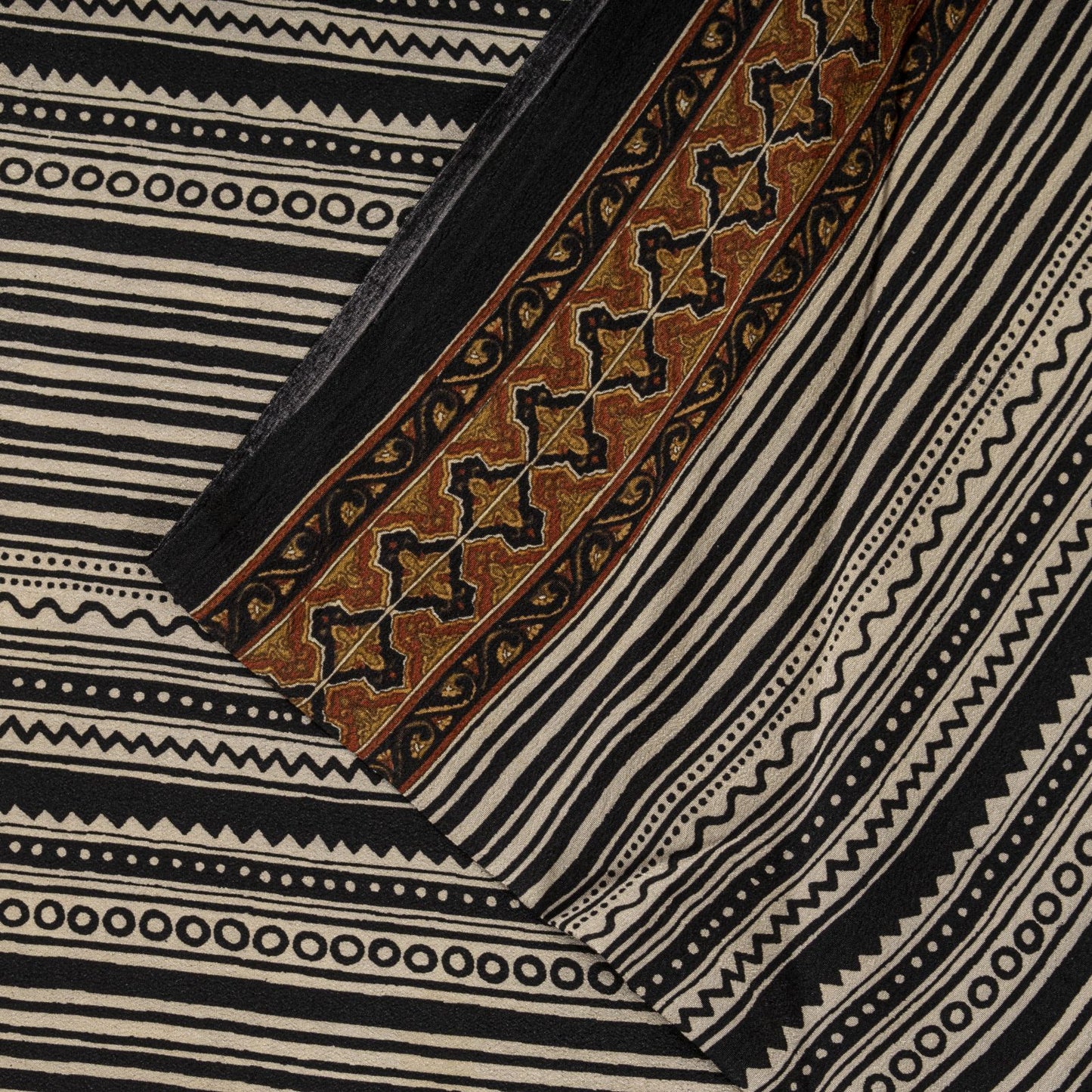 Sanskriti Vintage Saree Black Pure Crepe Abstract Printed Sari 5.5+Yard Fabric