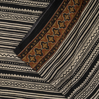 Sanskriti Vintage Saree Black Pure Crepe Abstract Printed Sari 5.5+Yard Fabric