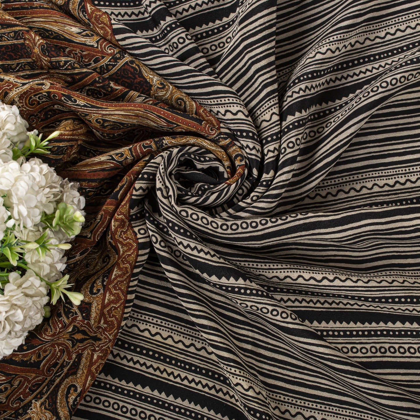 Sanskriti Vintage Saree Black Pure Crepe Abstract Printed Sari 5.5+Yard Fabric