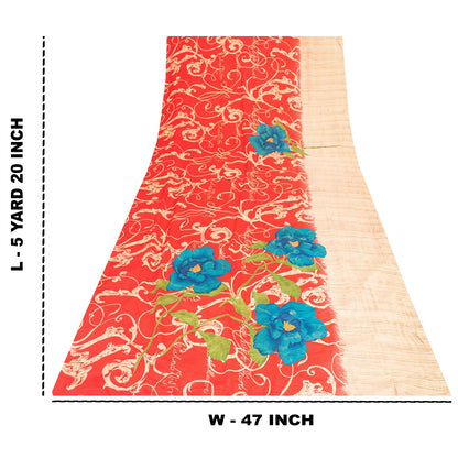 Sanskriti Vintage Sarees Red Pure Crepe Digital Printed Sari 5+yd Craft Fabric