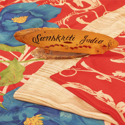 Sanskriti Vintage Sarees Red Pure Crepe Digital Printed Sari 5+yd Craft Fabric