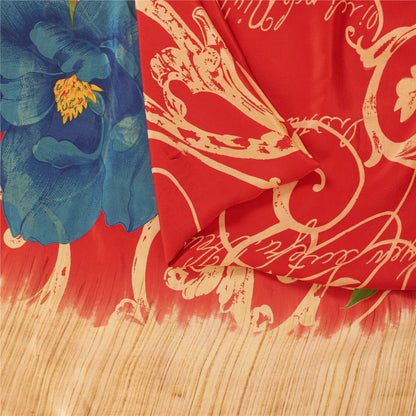 Sanskriti Vintage Sarees Red Pure Crepe Digital Printed Sari 5+yd Craft Fabric