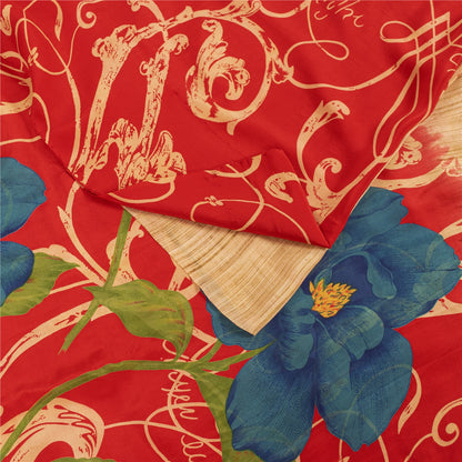Sanskriti Vintage Sarees Red Pure Crepe Digital Printed Sari 5+yd Craft Fabric