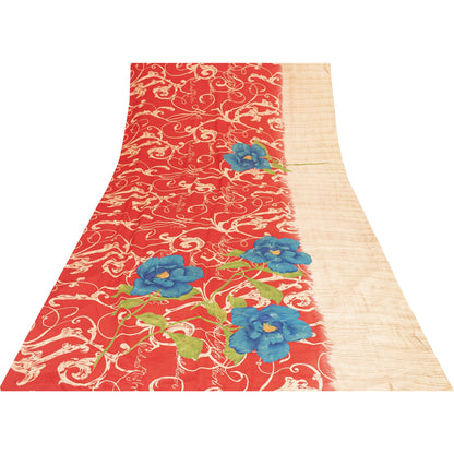 Sanskriti Vintage Sarees Red Pure Crepe Digital Printed Sari 5+yd Craft Fabric