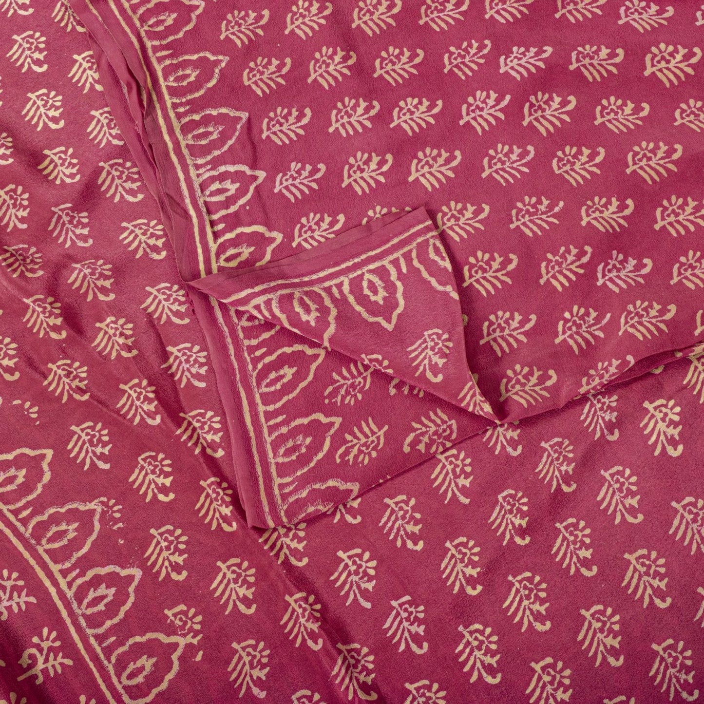 Sanskriti Vintage Saree Pink Pure Crepe Silk Hand Block Printed Sari 6+Yd Fabric