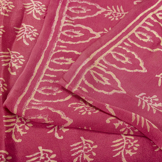 Sanskriti Vintage Saree Pink Pure Crepe Silk Hand Block Printed Sari 6+Yd Fabric