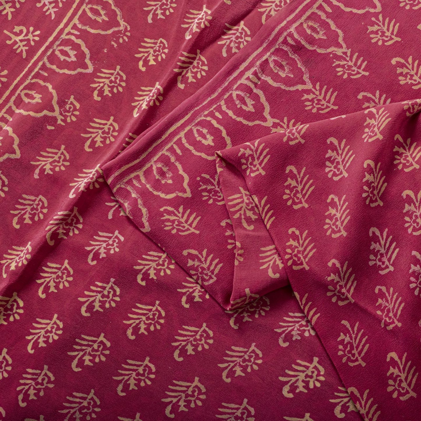 Sanskriti Vintage Saree Pink Pure Crepe Silk Hand Block Printed Sari 6+Yd Fabric