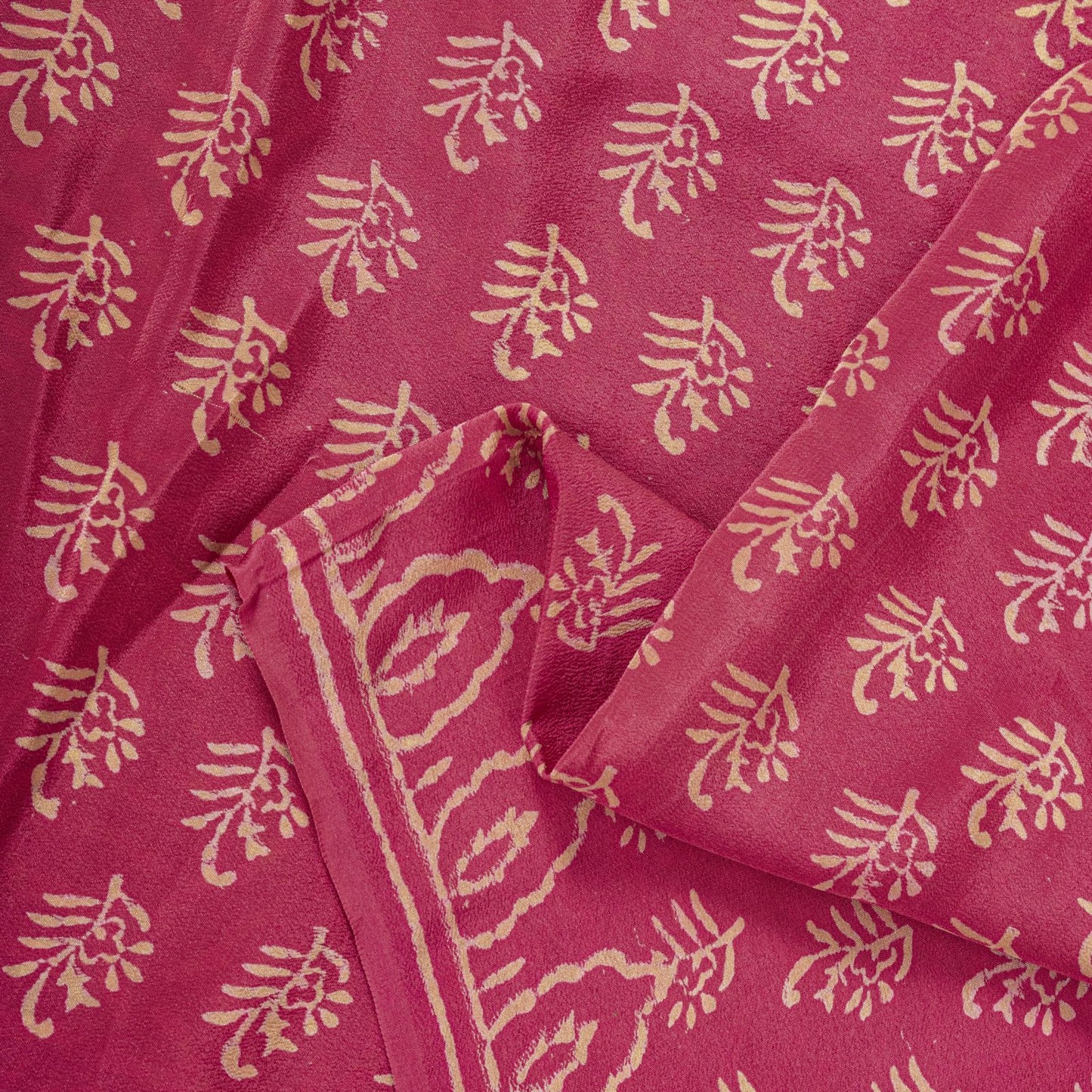 Sanskriti Vintage Saree Pink Pure Crepe Silk Hand Block Printed Sari 6+Yd Fabric