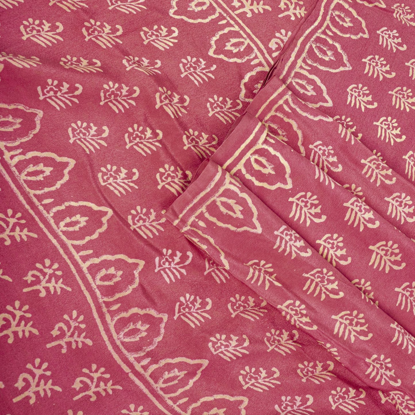 Sanskriti Vintage Saree Pink Pure Crepe Silk Hand Block Printed Sari 6+Yd Fabric