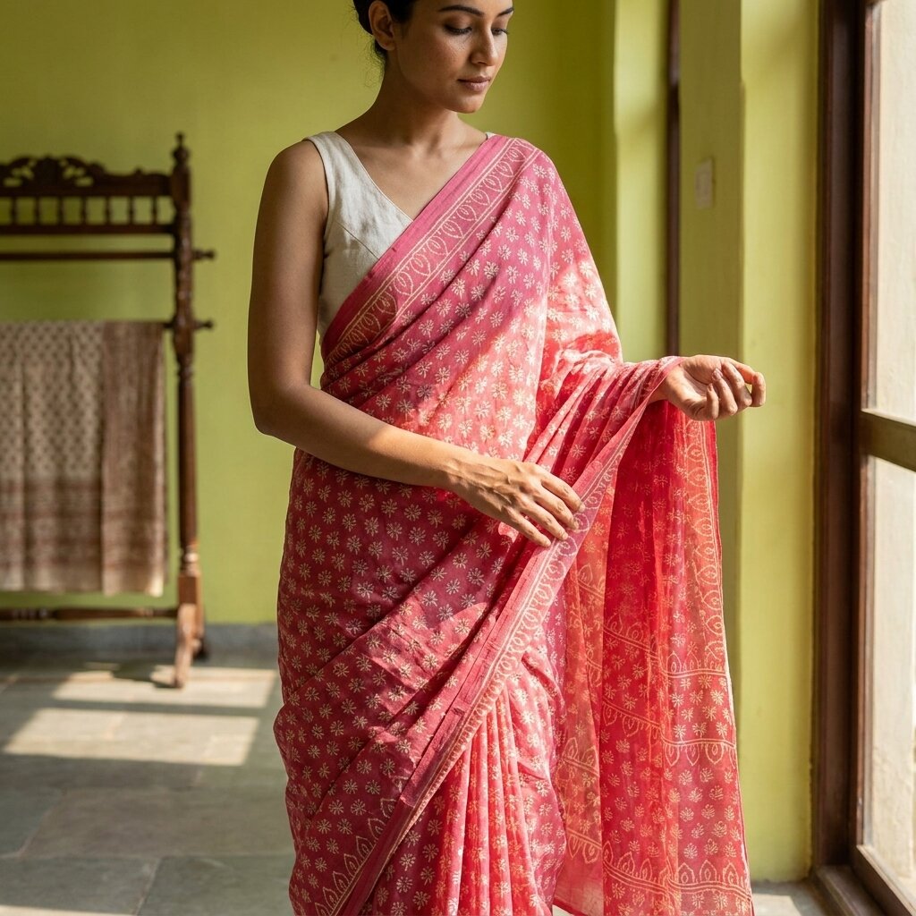 Sanskriti Vintage Saree Pink Pure Crepe Silk Hand Block Printed Sari 6+Yd Fabric
