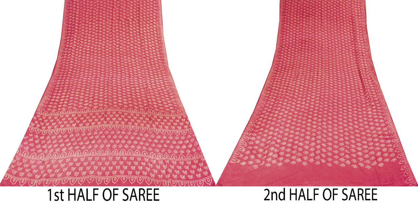 Sanskriti Vintage Saree Pink Pure Crepe Silk Hand Block Printed Sari 6+Yd Fabric