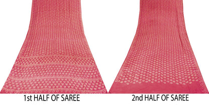 Sanskriti Vintage Saree Pink Pure Crepe Silk Hand Block Printed Sari 6+Yd Fabric