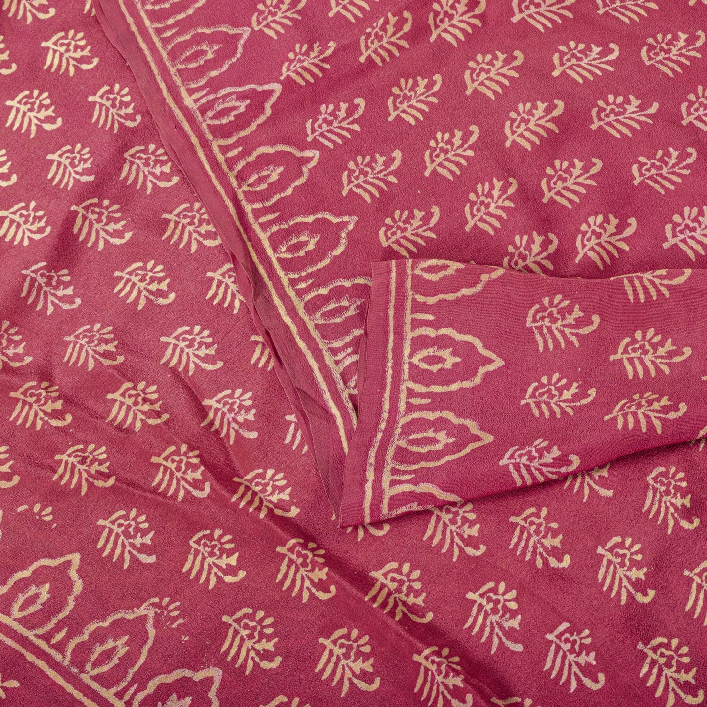 Sanskriti Vintage Saree Pink Pure Crepe Silk Hand Block Printed Sari 6+Yd Fabric