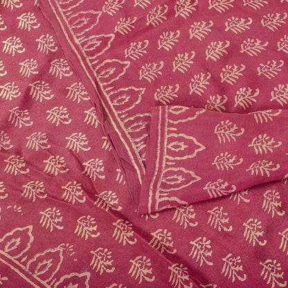 Sanskriti Vintage Saree Pink Pure Crepe Silk Hand Block Printed Sari 6+Yd Fabric