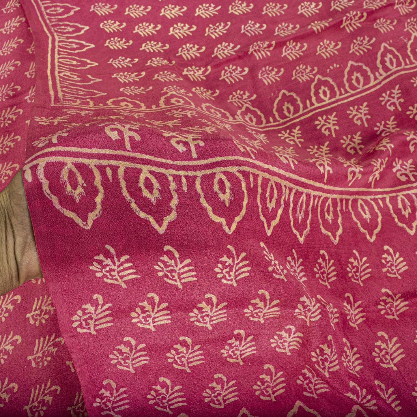 Sanskriti Vintage Saree Pink Pure Crepe Silk Hand Block Printed Sari 6+Yd Fabric