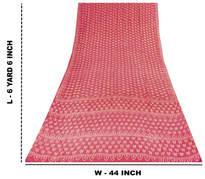 Sanskriti Vintage Saree Pink Pure Crepe Silk Hand Block Printed Sari 6+Yd Fabric