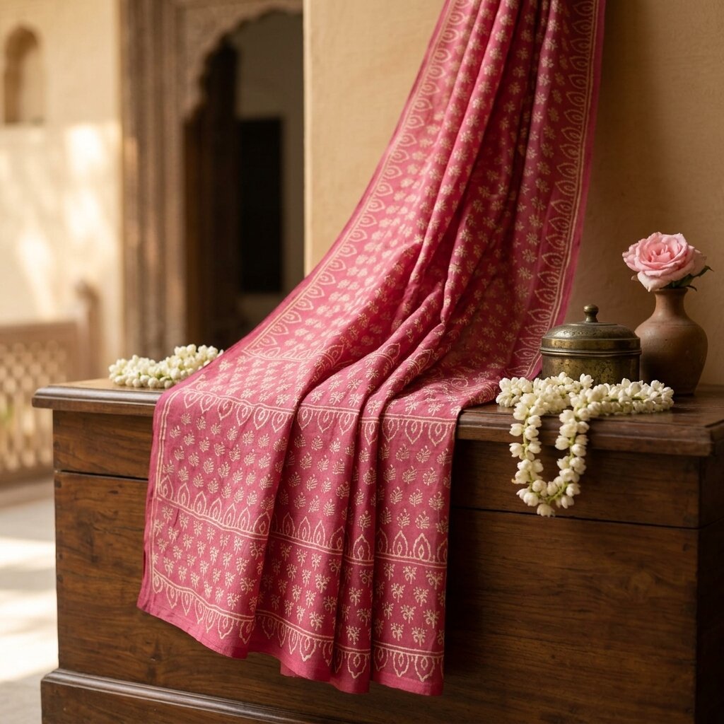 Sanskriti Vintage Saree Pink Pure Crepe Silk Hand Block Printed Sari 6+Yd Fabric