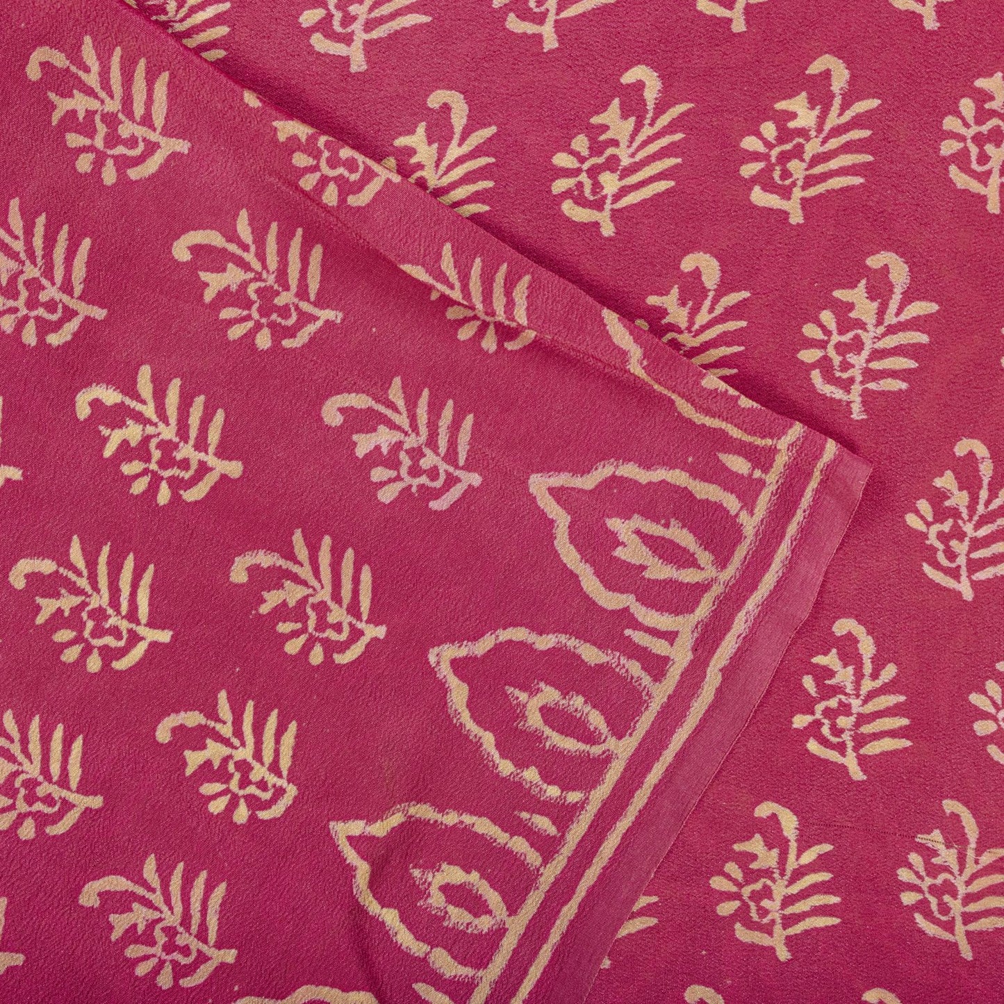 Sanskriti Vintage Saree Pink Pure Crepe Silk Hand Block Printed Sari 6+Yd Fabric
