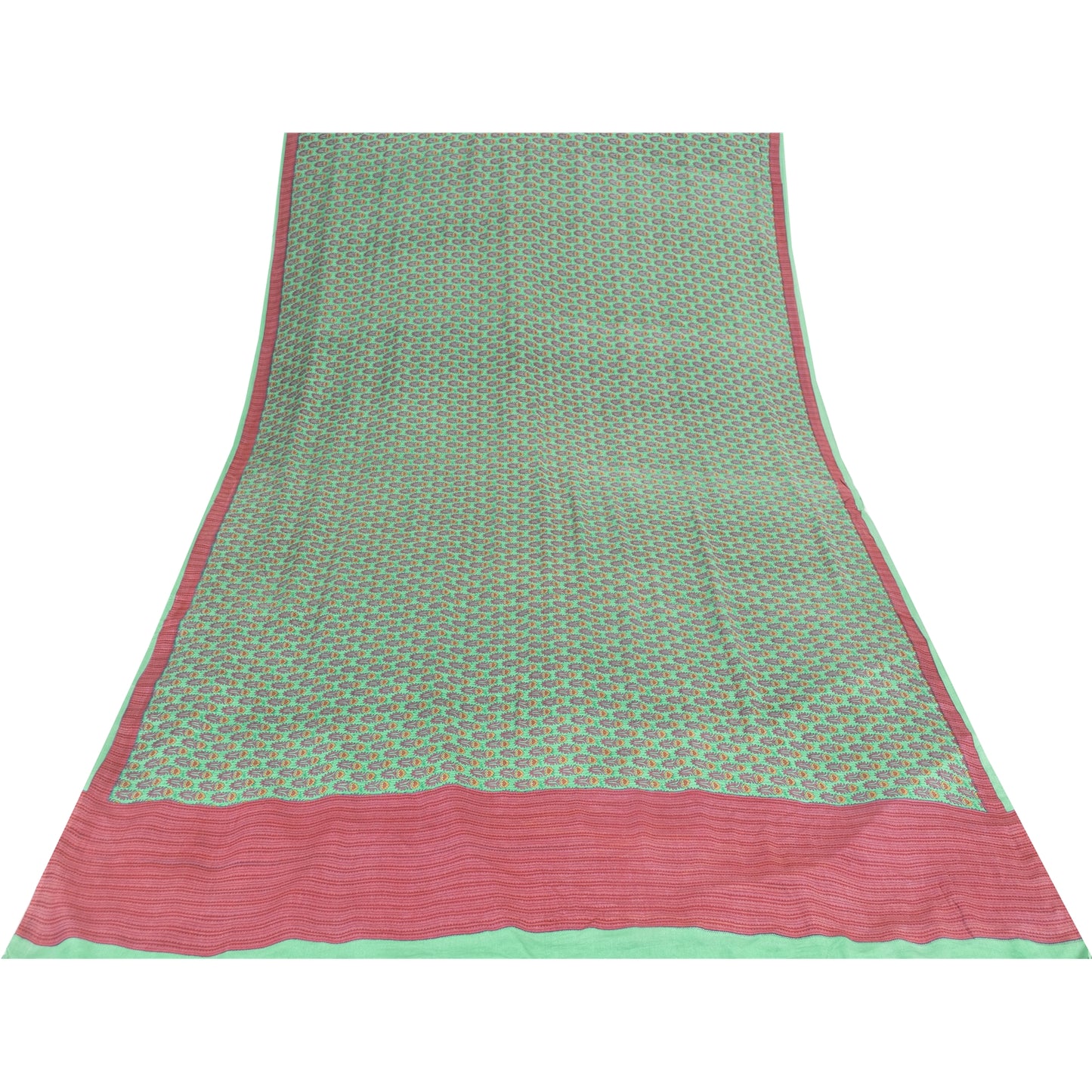 Sanskriti Vintage Sarees Green Pure Crepe Floral Printed Sari 5+yd Craft Fabric