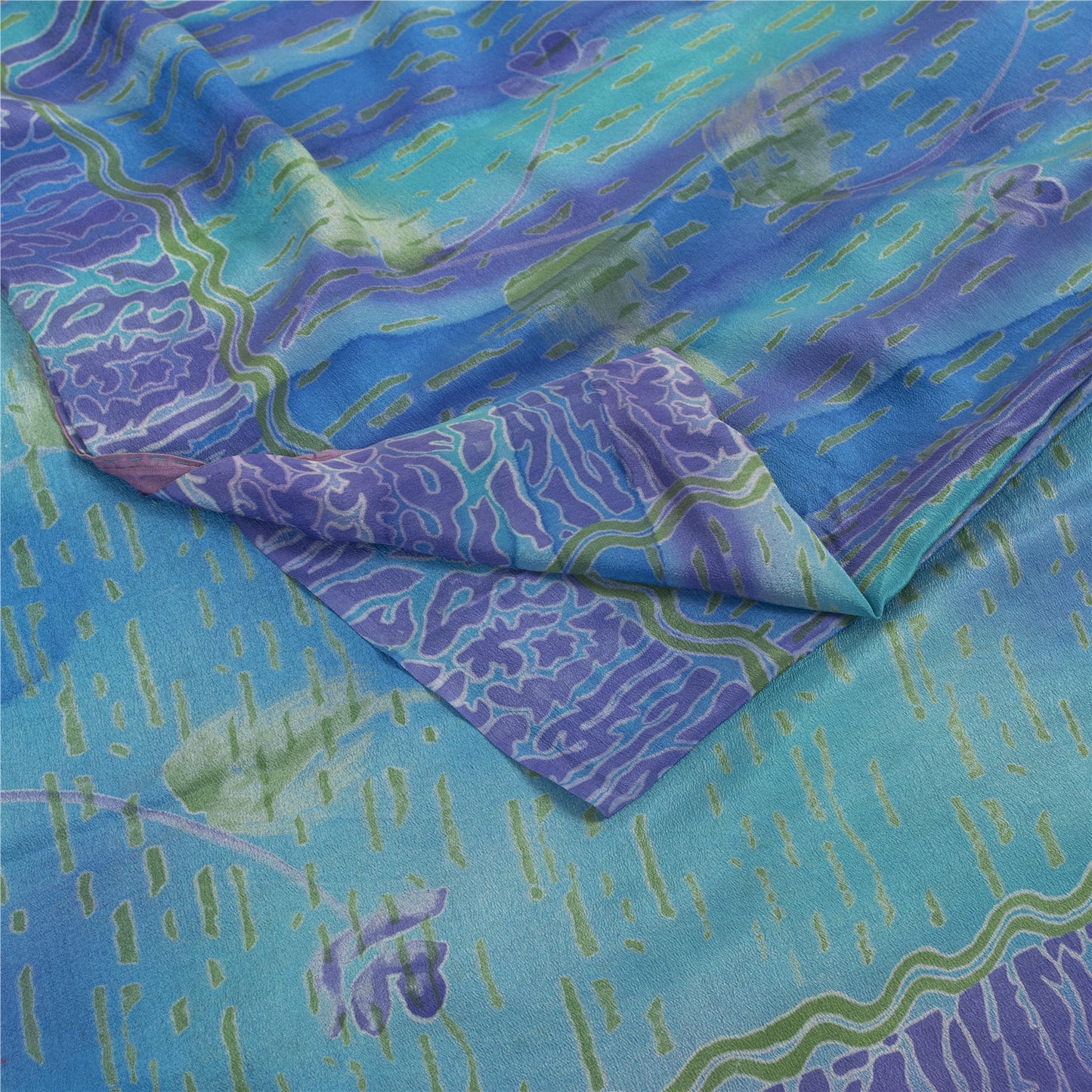 Sanskriti Vintage Sarees Blue-Purple Pure Crepe Abstract Print Sari 5+yd Fabric