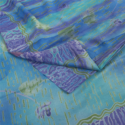 Sanskriti Vintage Sarees Blue-Purple Pure Crepe Abstract Print Sari 5+yd Fabric