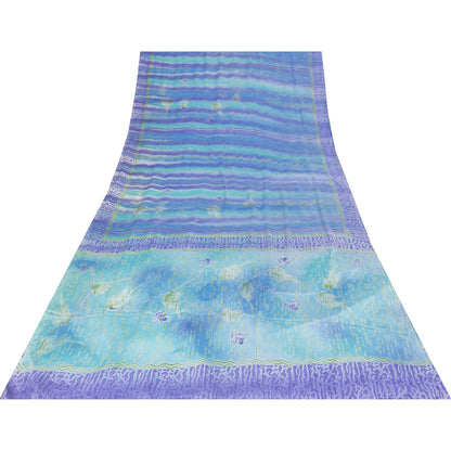 Sanskriti Vintage Sarees Blue-Purple Pure Crepe Abstract Print Sari 5+yd Fabric