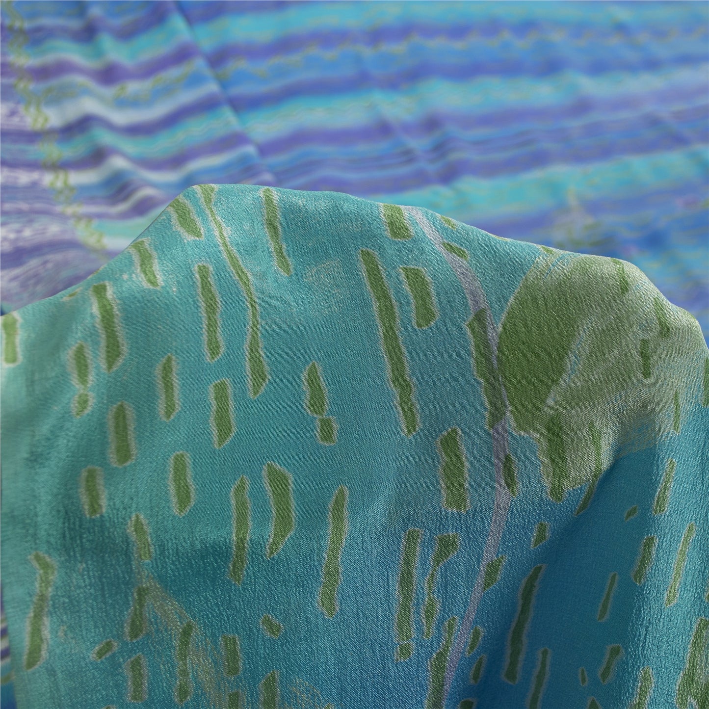 Sanskriti Vintage Sarees Blue-Purple Pure Crepe Abstract Print Sari 5+yd Fabric