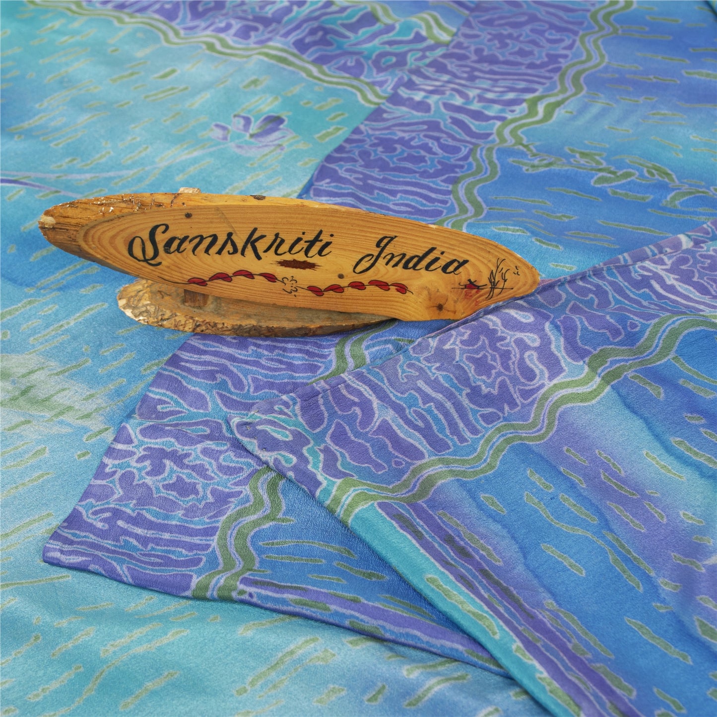 Sanskriti Vintage Sarees Blue-Purple Pure Crepe Abstract Print Sari 5+yd Fabric