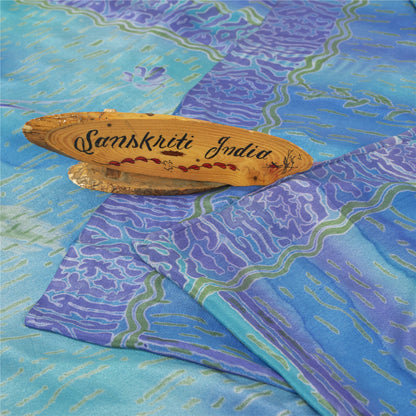 Sanskriti Vintage Sarees Blue-Purple Pure Crepe Abstract Print Sari 5+yd Fabric