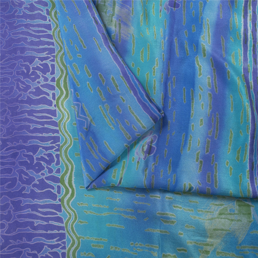 Sanskriti Vintage Sarees Blue-Purple Pure Crepe Abstract Print Sari 5+yd Fabric