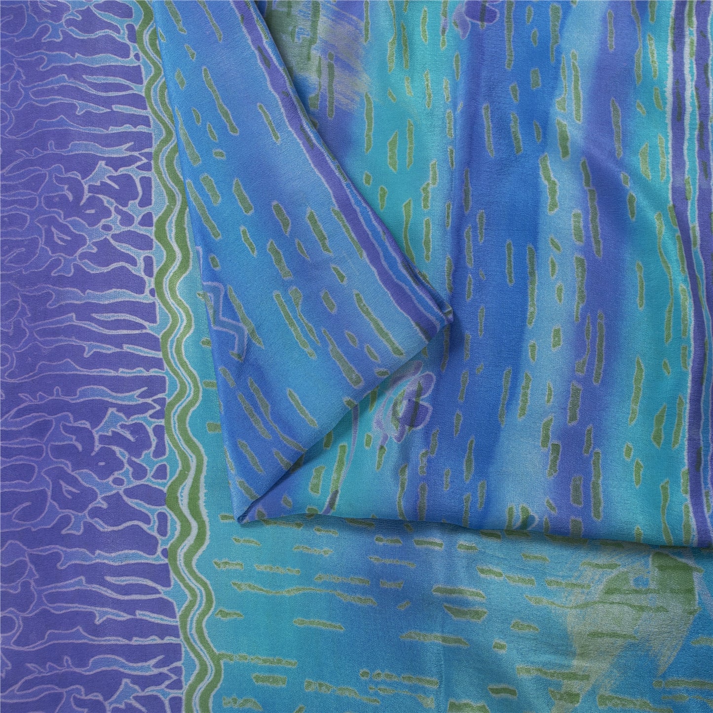 Sanskriti Vintage Sarees Blue-Purple Pure Crepe Abstract Print Sari 5+yd Fabric