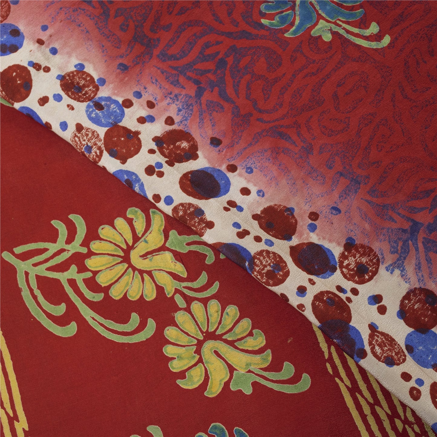 Sanskriti Vintage Sarees Red Pure Crepe Silk Floral Print Sari 5+yd Craft Fabric