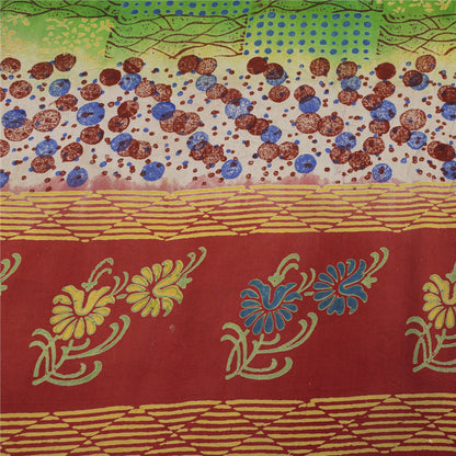 Sanskriti Vintage Sarees Red Pure Crepe Silk Floral Print Sari 5+yd Craft Fabric