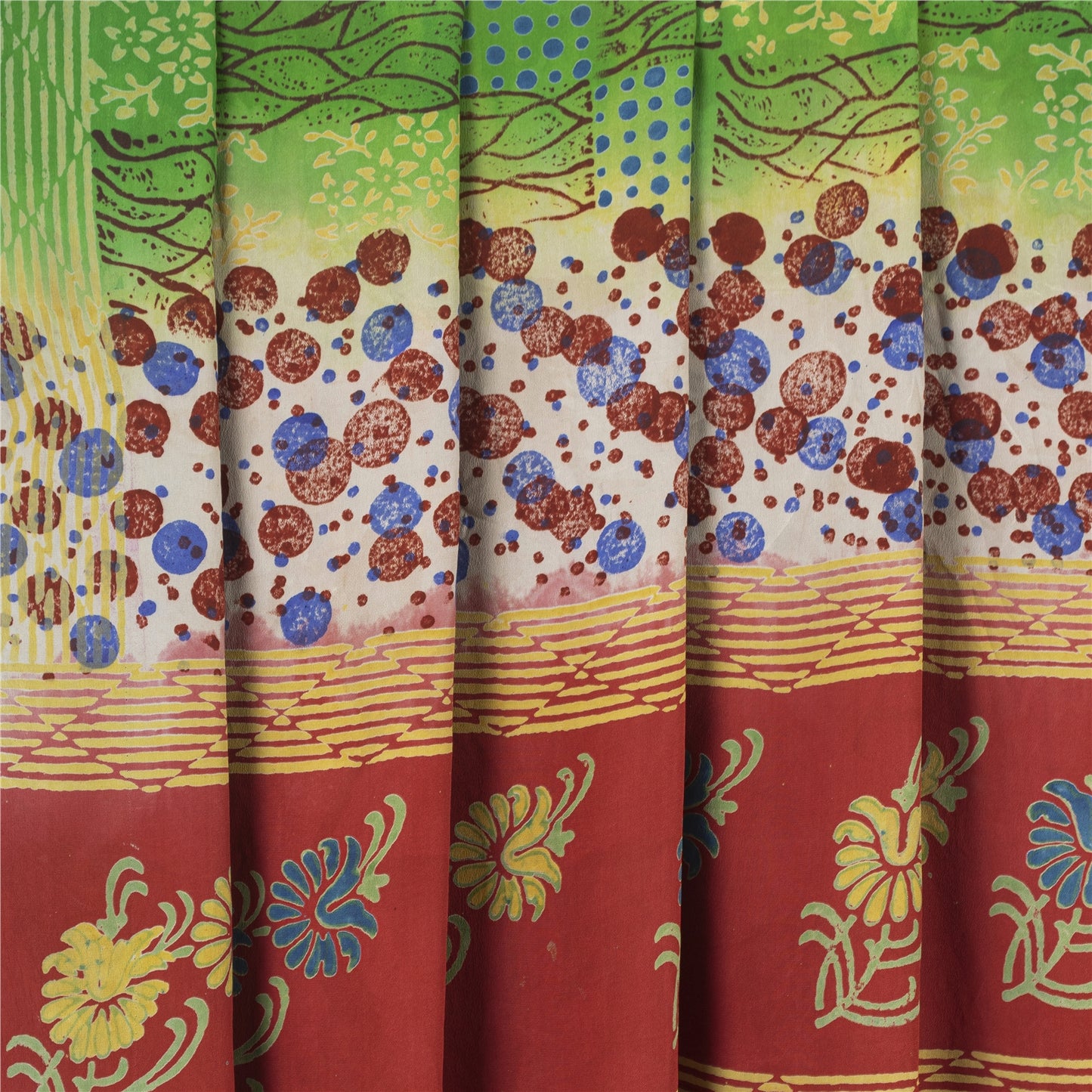 Sanskriti Vintage Sarees Red Pure Crepe Silk Floral Print Sari 5+yd Craft Fabric