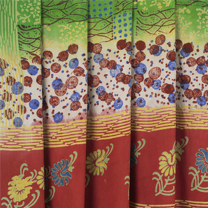 Sanskriti Vintage Sarees Red Pure Crepe Silk Floral Print Sari 5+yd Craft Fabric