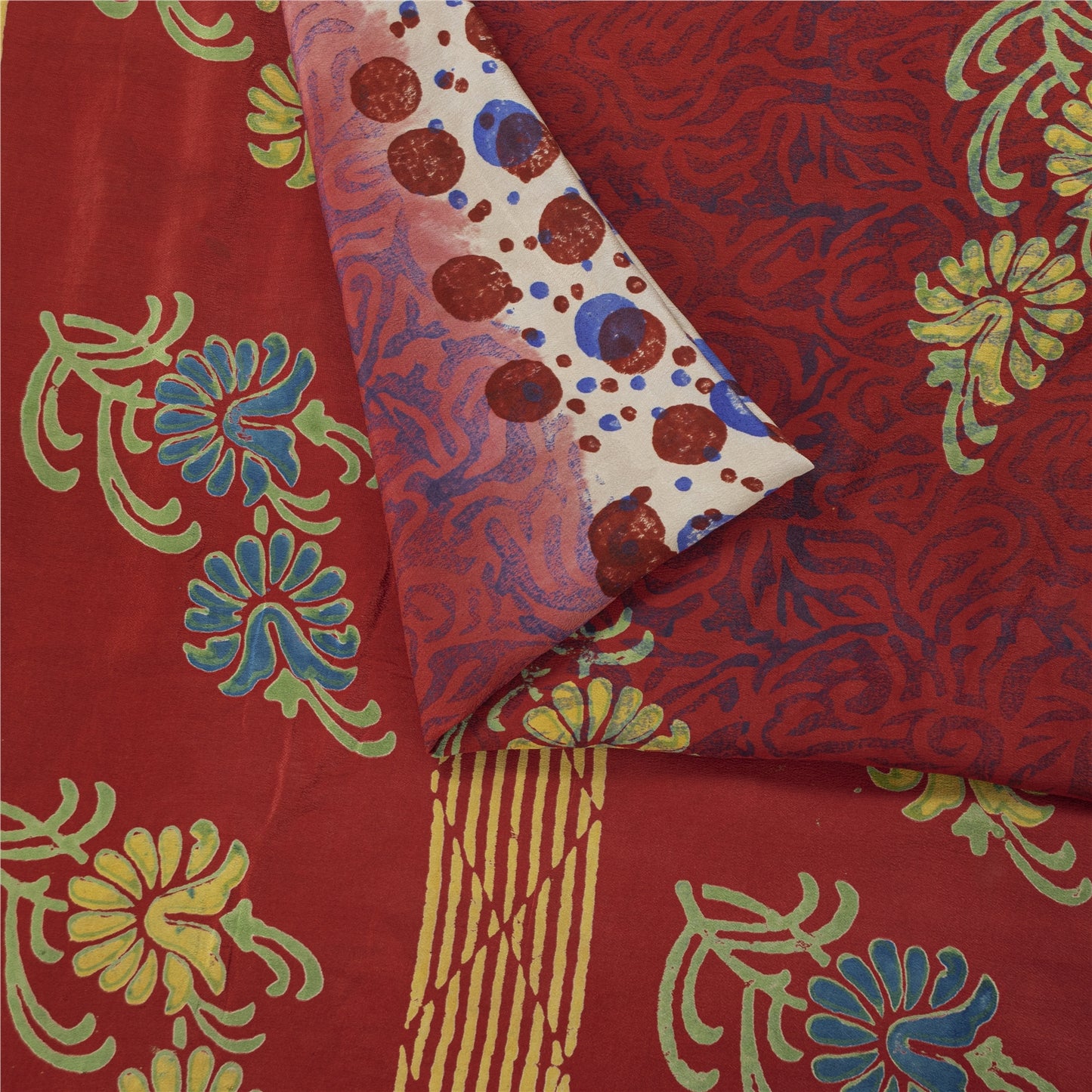 Sanskriti Vintage Sarees Red Pure Crepe Silk Floral Print Sari 5+yd Craft Fabric