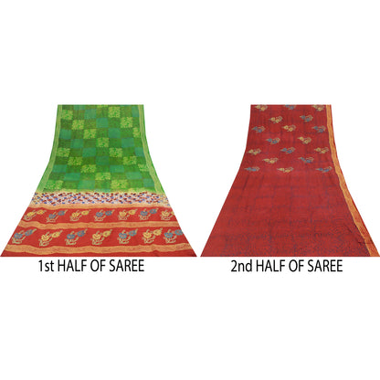 Sanskriti Vintage Sarees Red Pure Crepe Silk Floral Print Sari 5+yd Craft Fabric