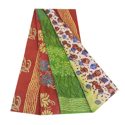 Sanskriti Vintage Sarees Red Pure Crepe Silk Floral Print Sari 5+yd Craft Fabric