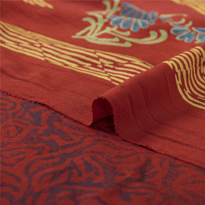 Sanskriti Vintage Sarees Red Pure Crepe Silk Floral Print Sari 5+yd Craft Fabric