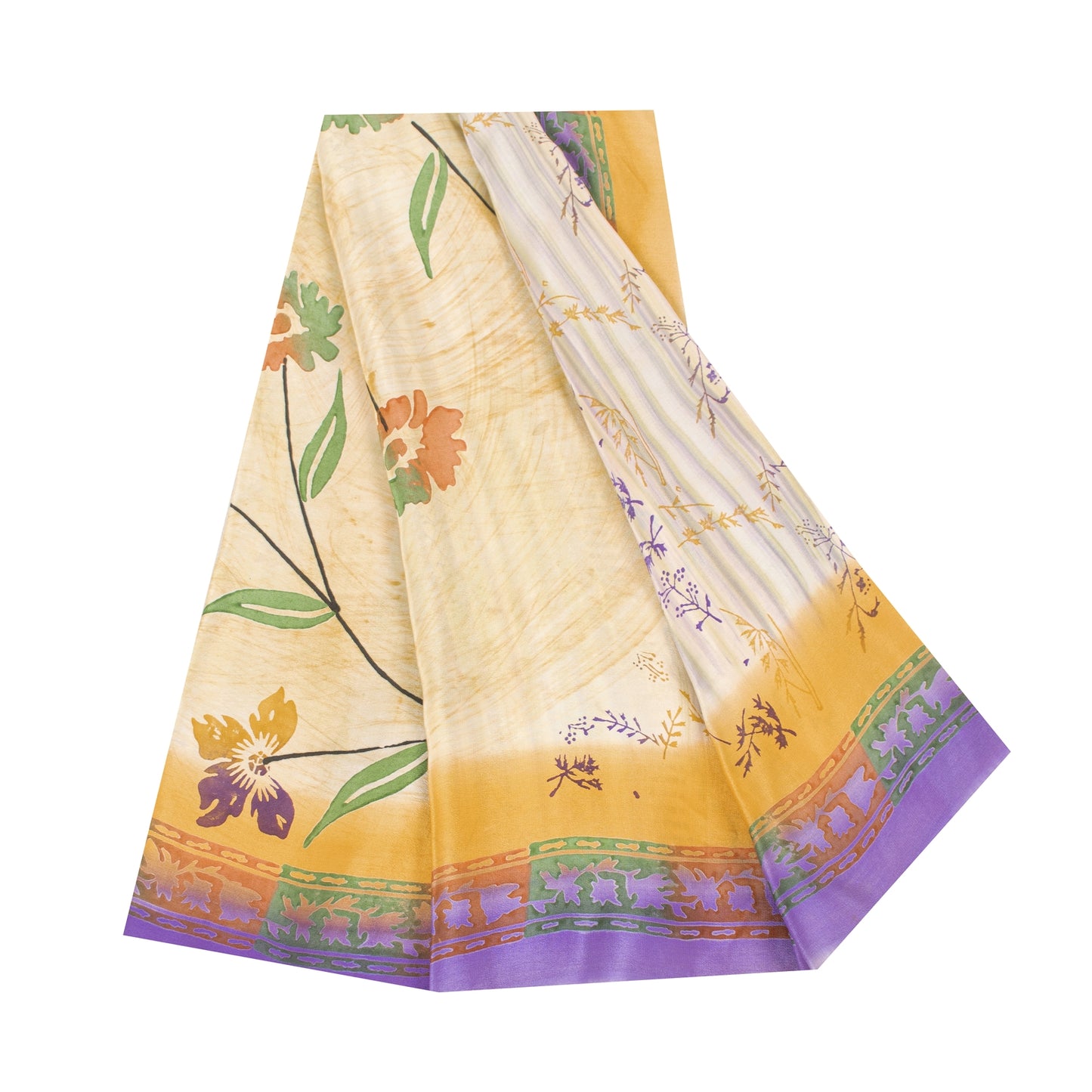 Sanskriti Vintage Sarees Ivory Pure Crepe Floral Printed Sari 5+yd Craft Fabric