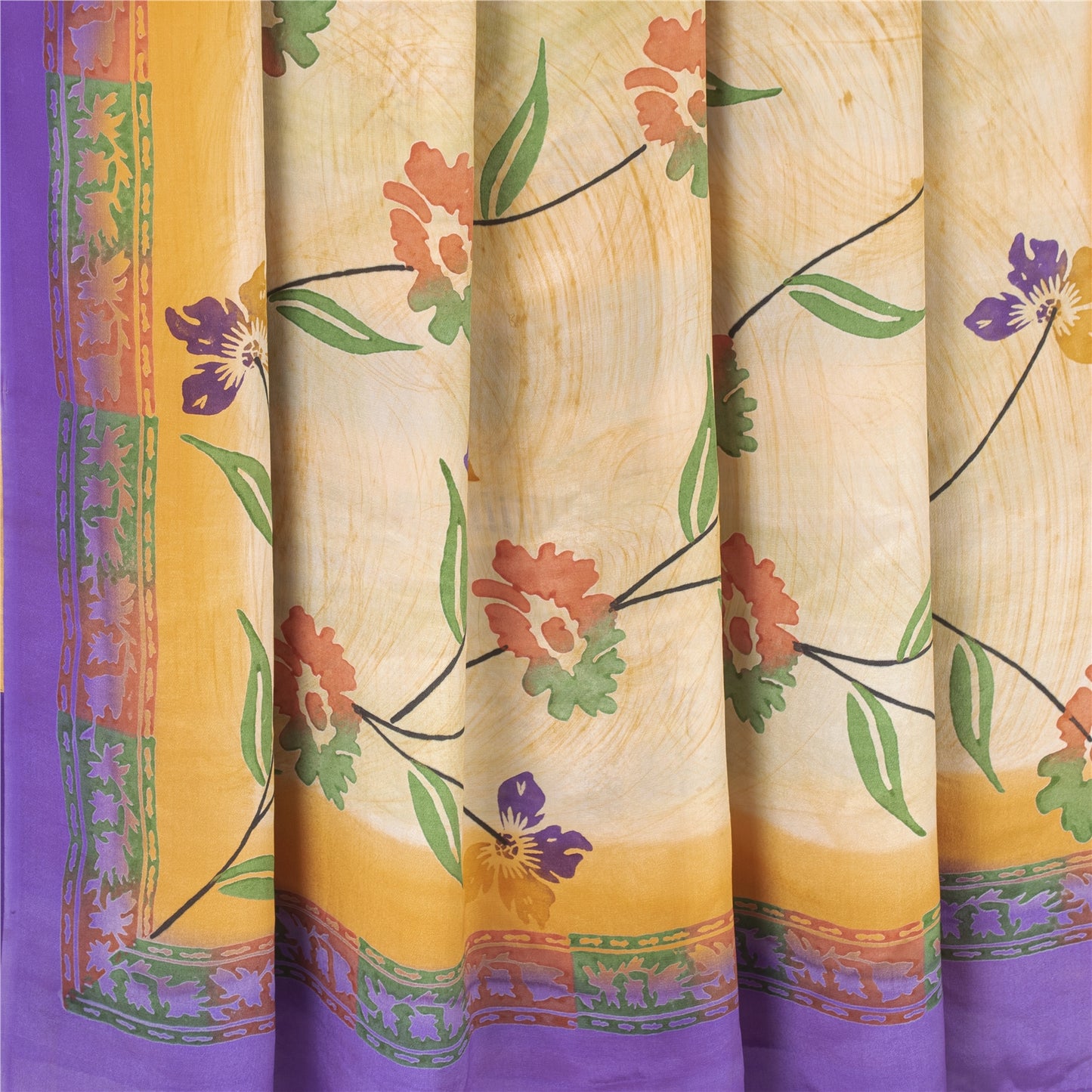 Sanskriti Vintage Sarees Ivory Pure Crepe Floral Printed Sari 5+yd Craft Fabric