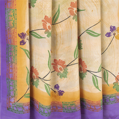 Sanskriti Vintage Sarees Ivory Pure Crepe Floral Printed Sari 5+yd Craft Fabric