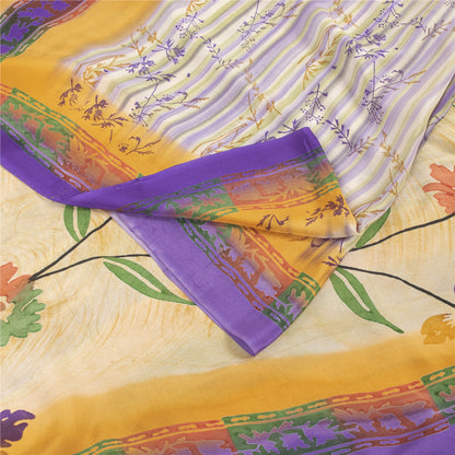 Sanskriti Vintage Sarees Ivory Pure Crepe Floral Printed Sari 5+yd Craft Fabric