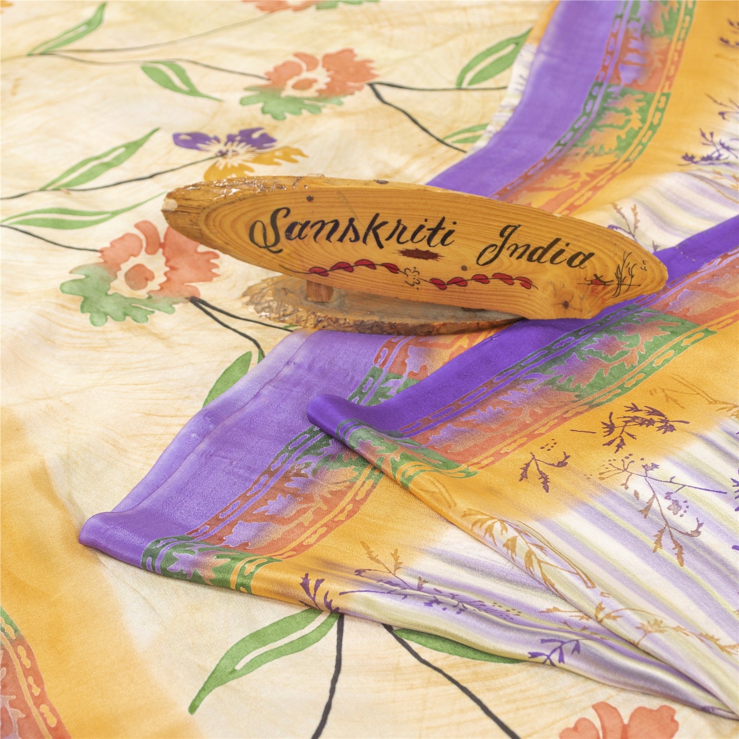 Sanskriti Vintage Sarees Ivory Pure Crepe Floral Printed Sari 5+yd Craft Fabric