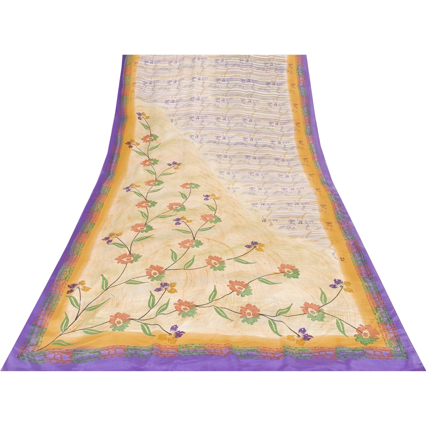 Sanskriti Vintage Sarees Ivory Pure Crepe Floral Printed Sari 5+yd Craft Fabric