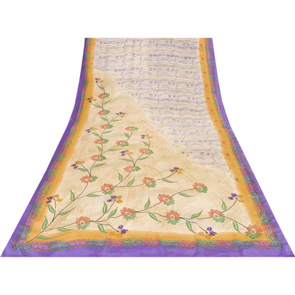 Sanskriti Vintage Sarees Ivory Pure Crepe Floral Printed Sari 5+yd Craft Fabric